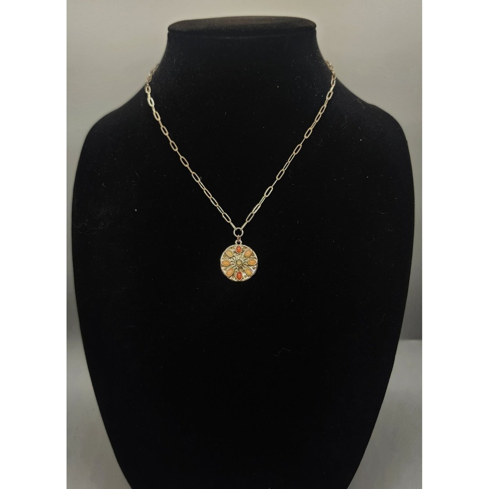 Gold Tone Paperclip Chain Necklace Colorful Floral Cabochon Pendant